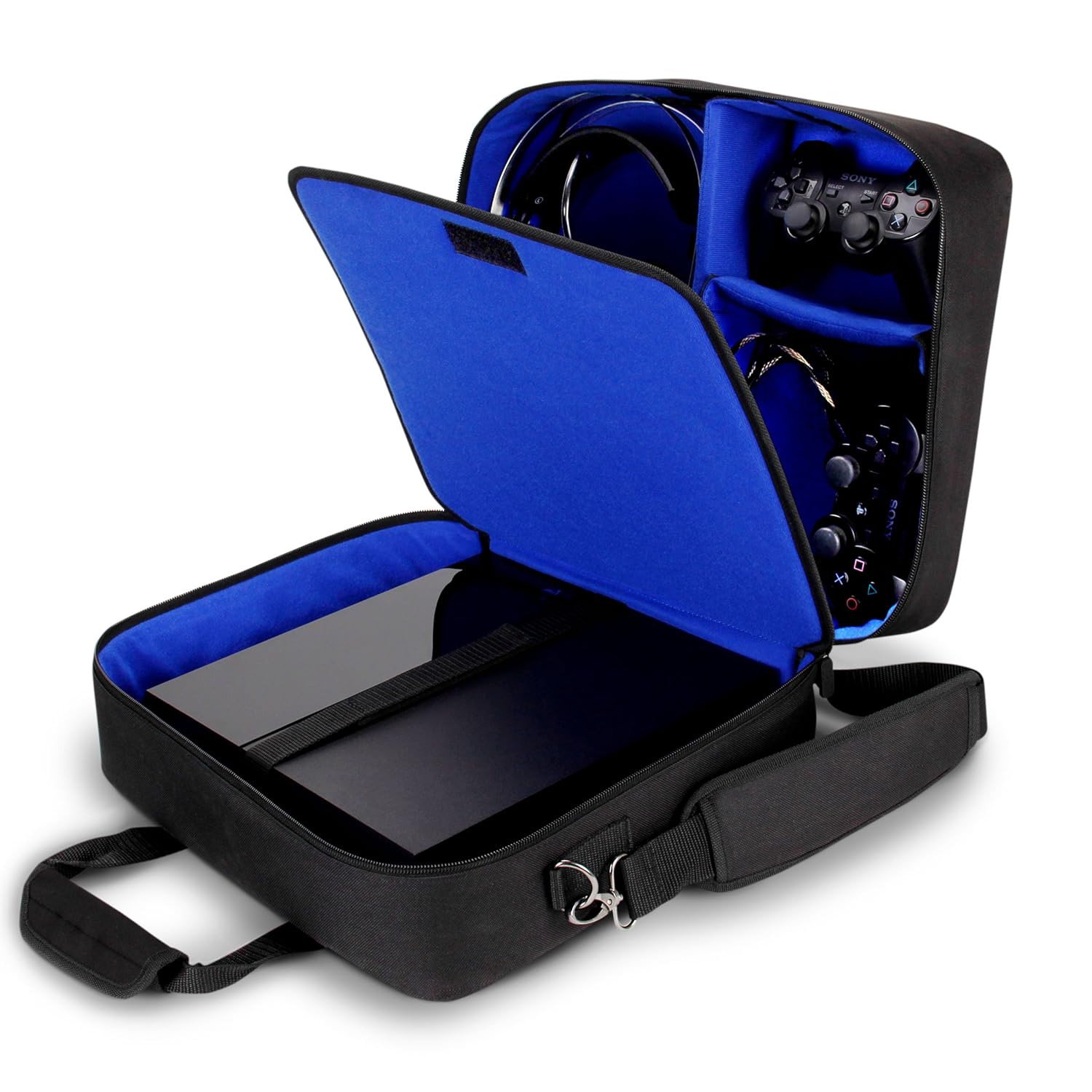 230321212252913_1 USA GEAR Console Carrying Case - PS4 Case Compatible with Playstation 4 Slim, PS4 Pro, and PS3 - Customizable Interior Store PS4 Games, PS4 Controller, PS4 Headset, and More Gaming Accessories (Black) - Image 1
